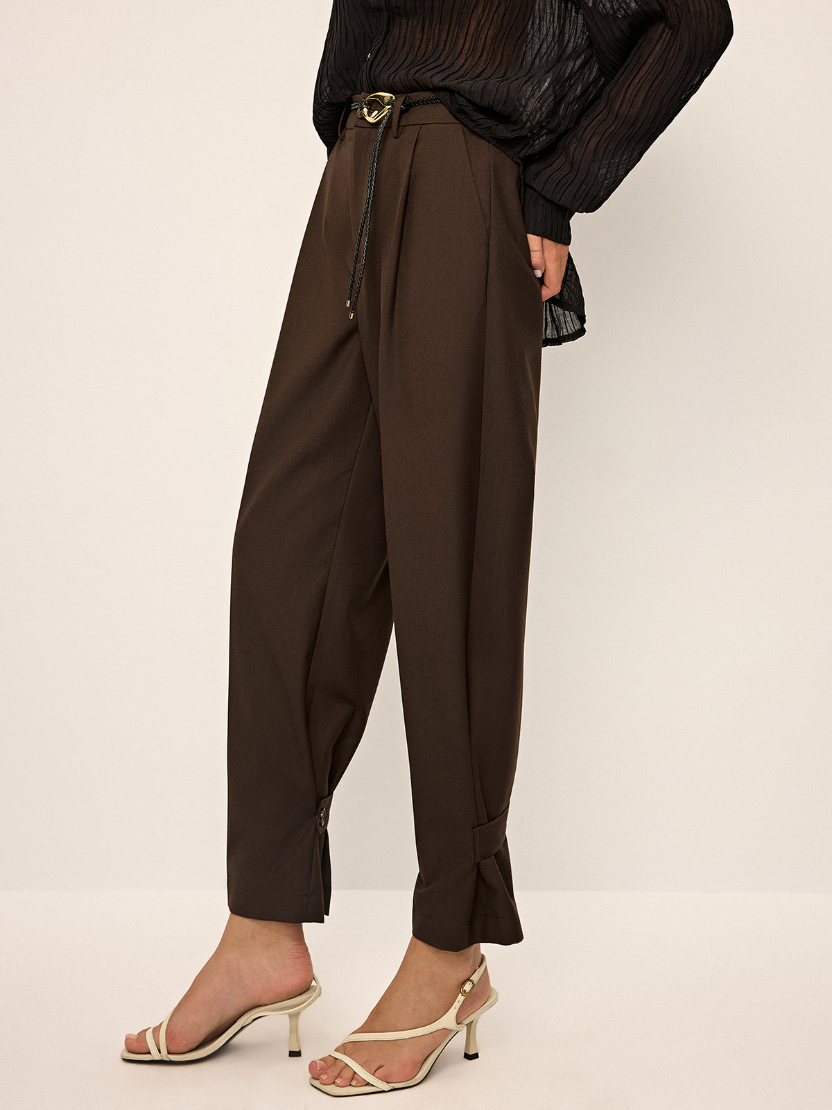 Pleated Wide-Leg Pants with Ankle Button Detail