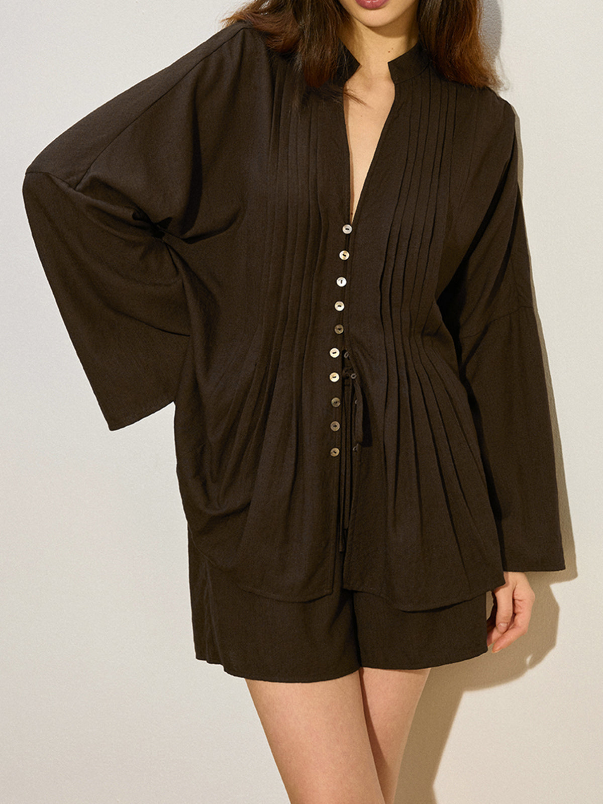 Pleated Button-Front Shorts Set