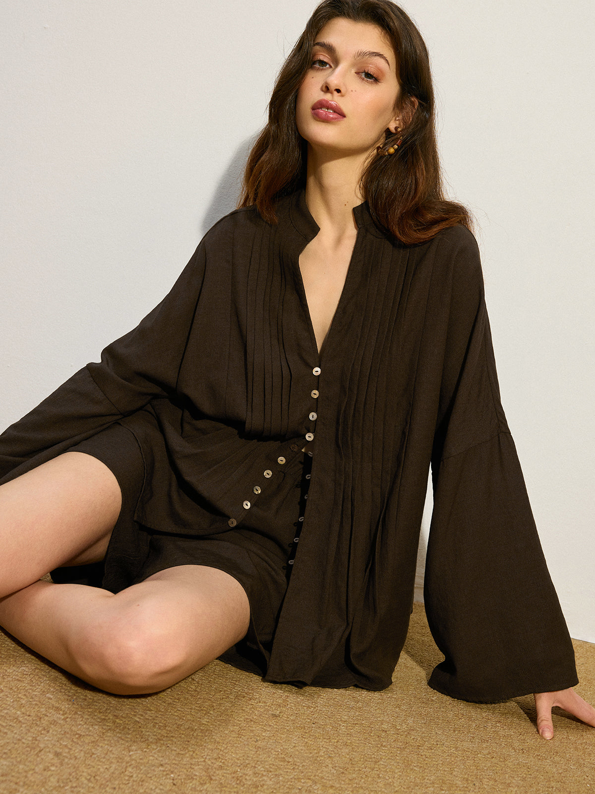 Pleated Button-Front Shorts Set