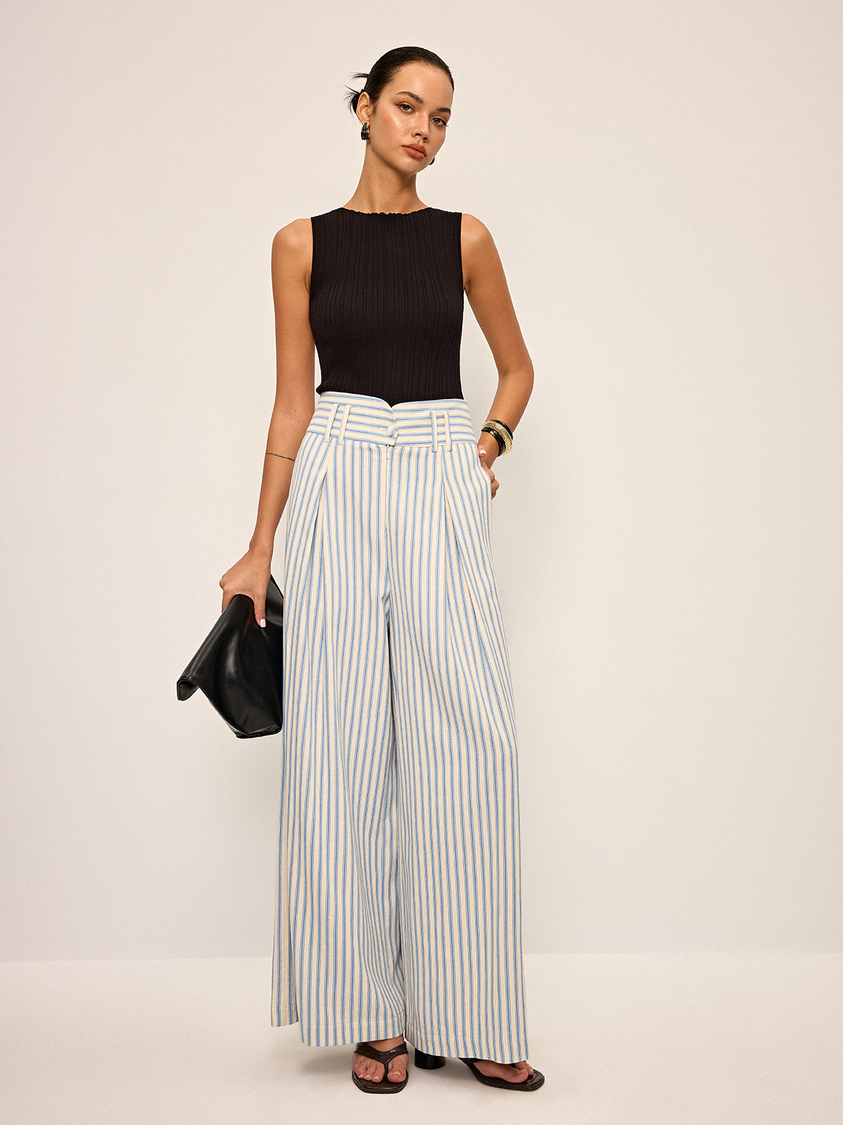Cotton Striped Pleated Wide-Leg Pants