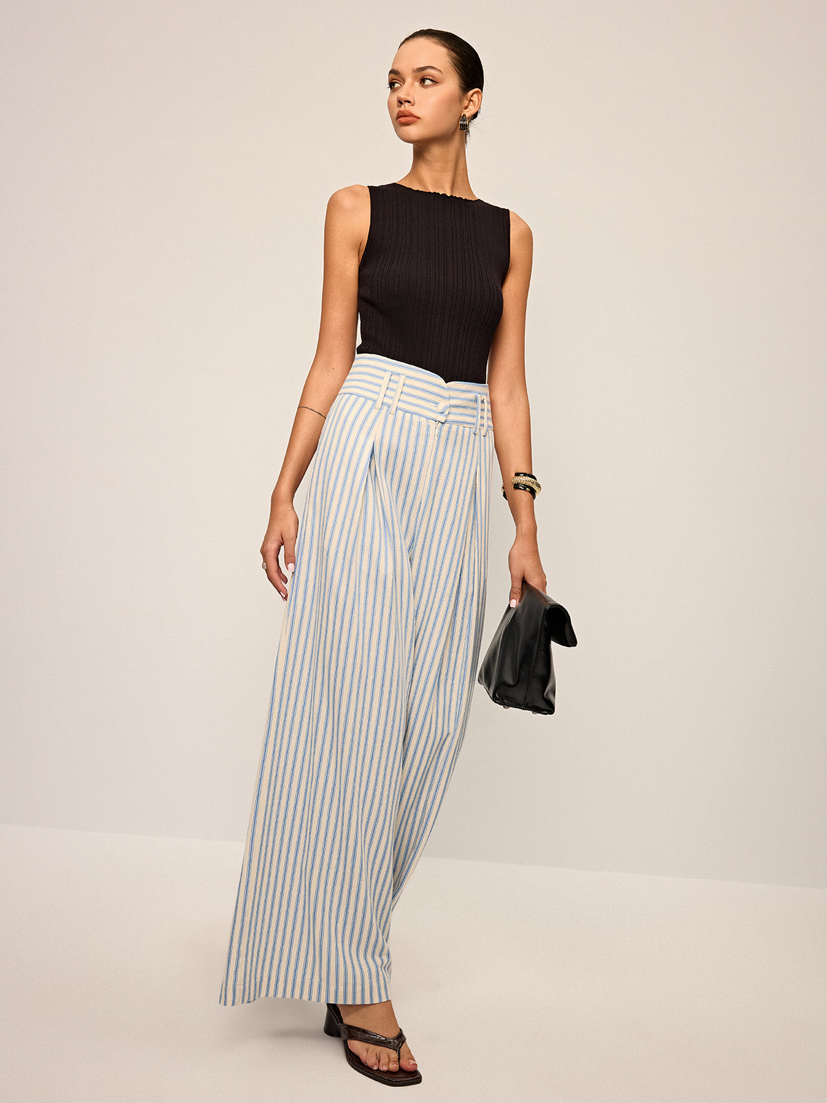 Cotton Striped Pleated Wide-Leg Pants