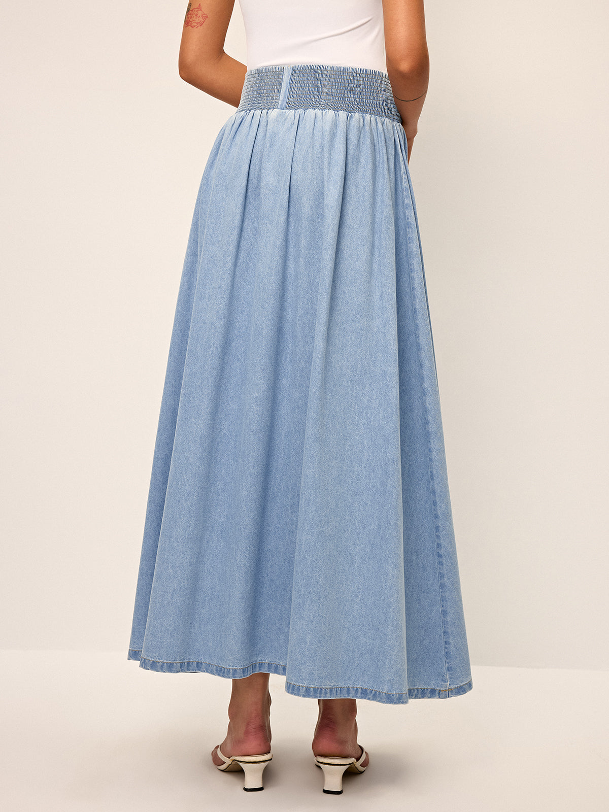 Smocked Waistband Denim Maxi Skirt