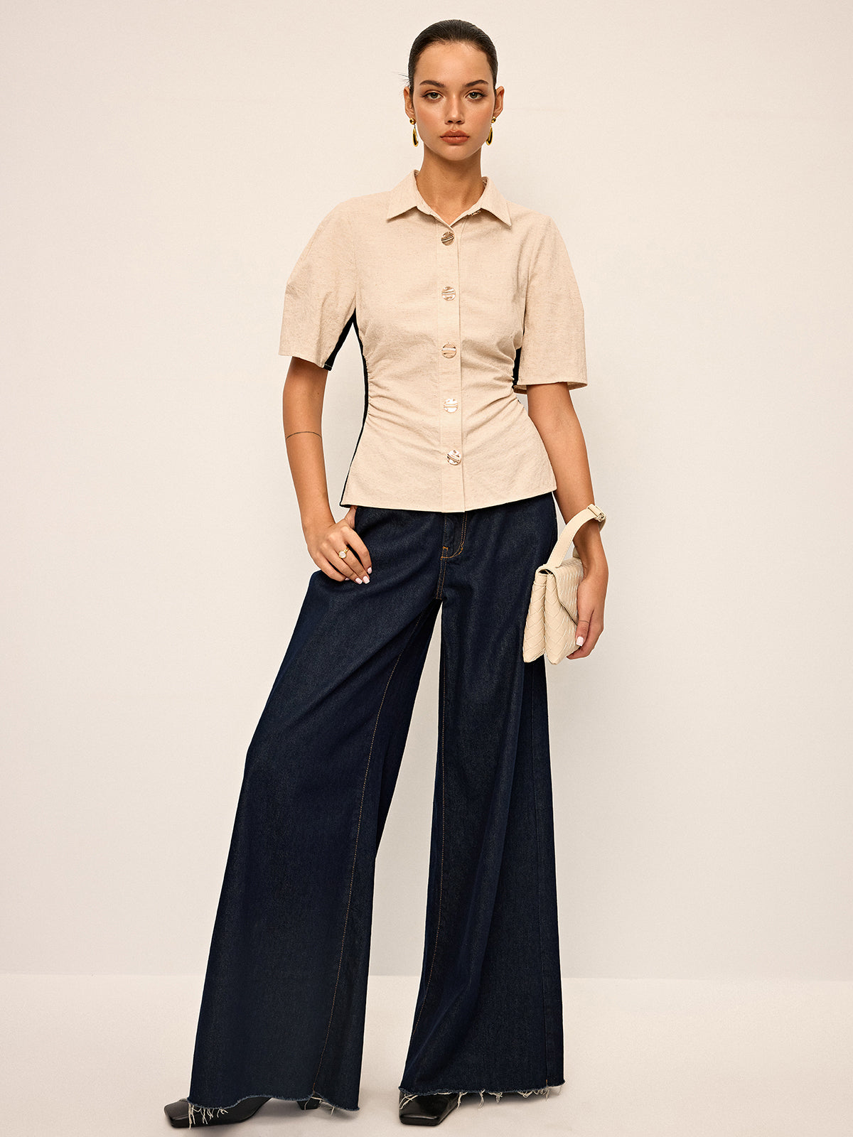 Chemise froncée à bordure contrastée en coton et lin 