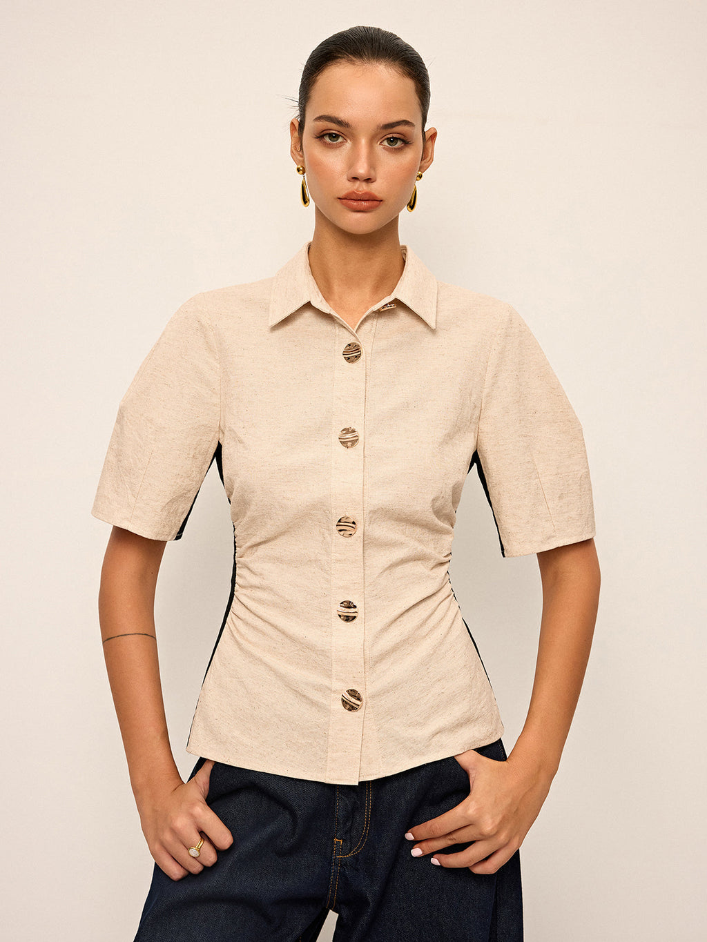 Cotton & Linen Contrast Trim Ruched Shirt