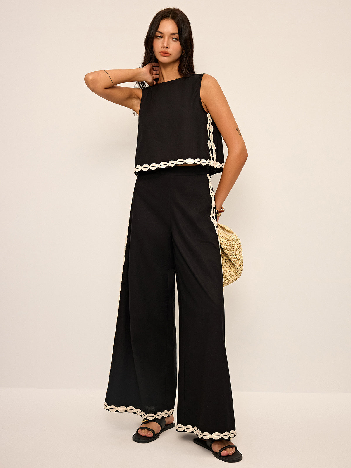 Cotton & Linen Contrast Trim Pants Set