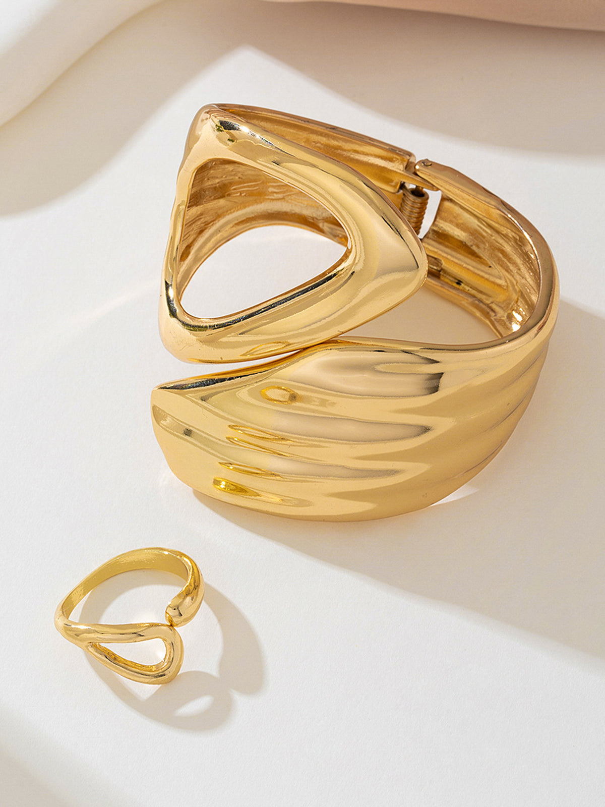 Asymmetric Gold Ring and Cuff Bracelet Set