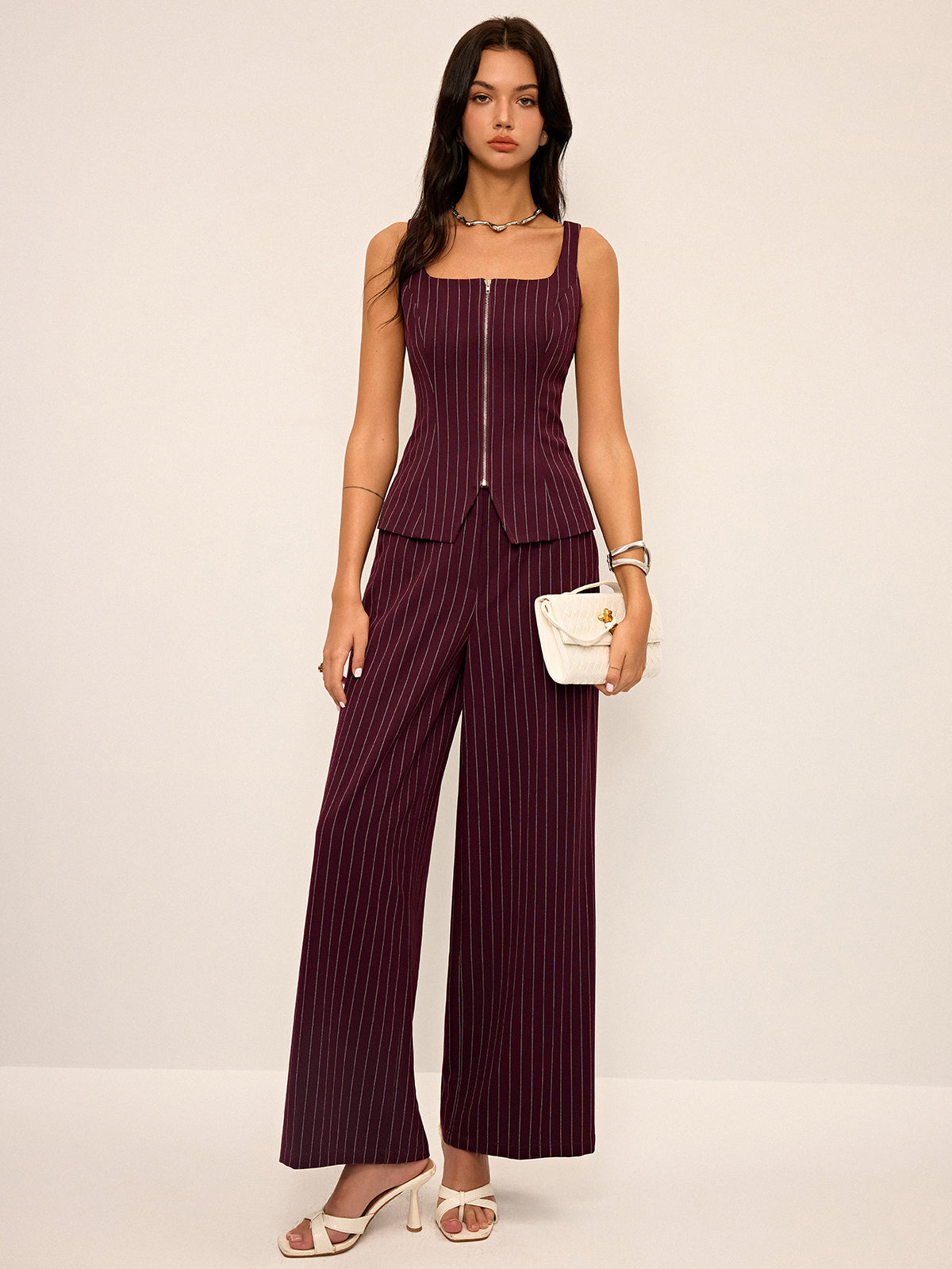 Pinstripe Wide-Leg Straight Pants