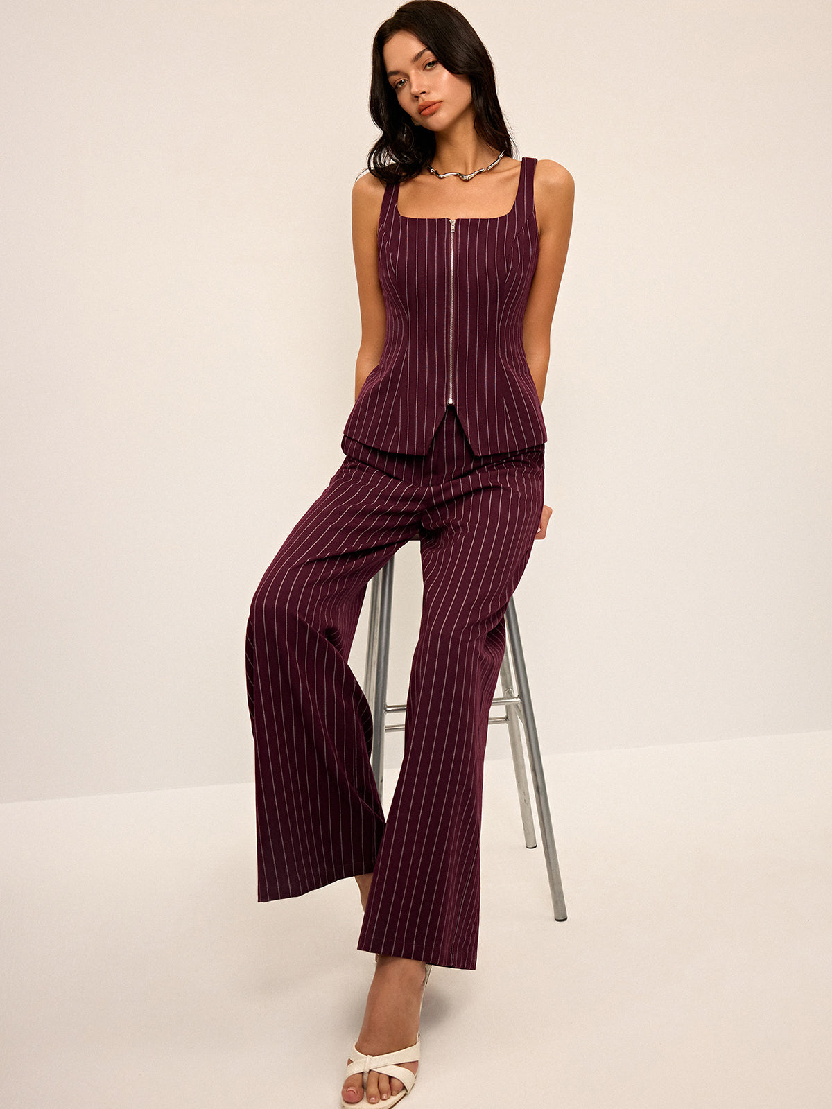 Pinstripe Wide-Leg Straight Pants