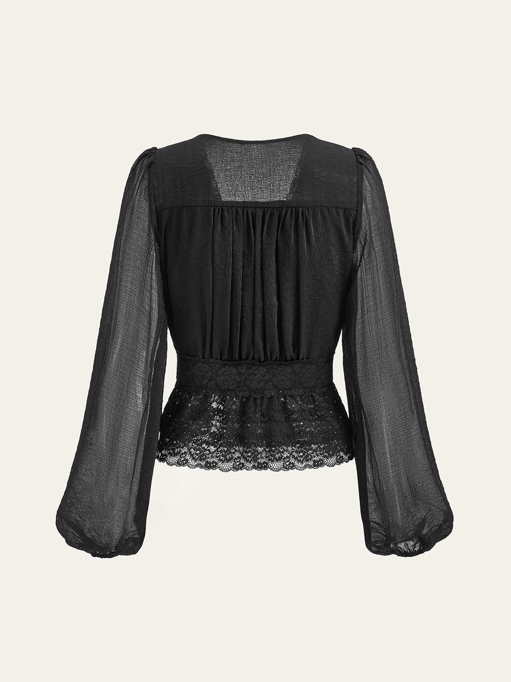 Semi-Sheer Lace Trim Pearl Button Top