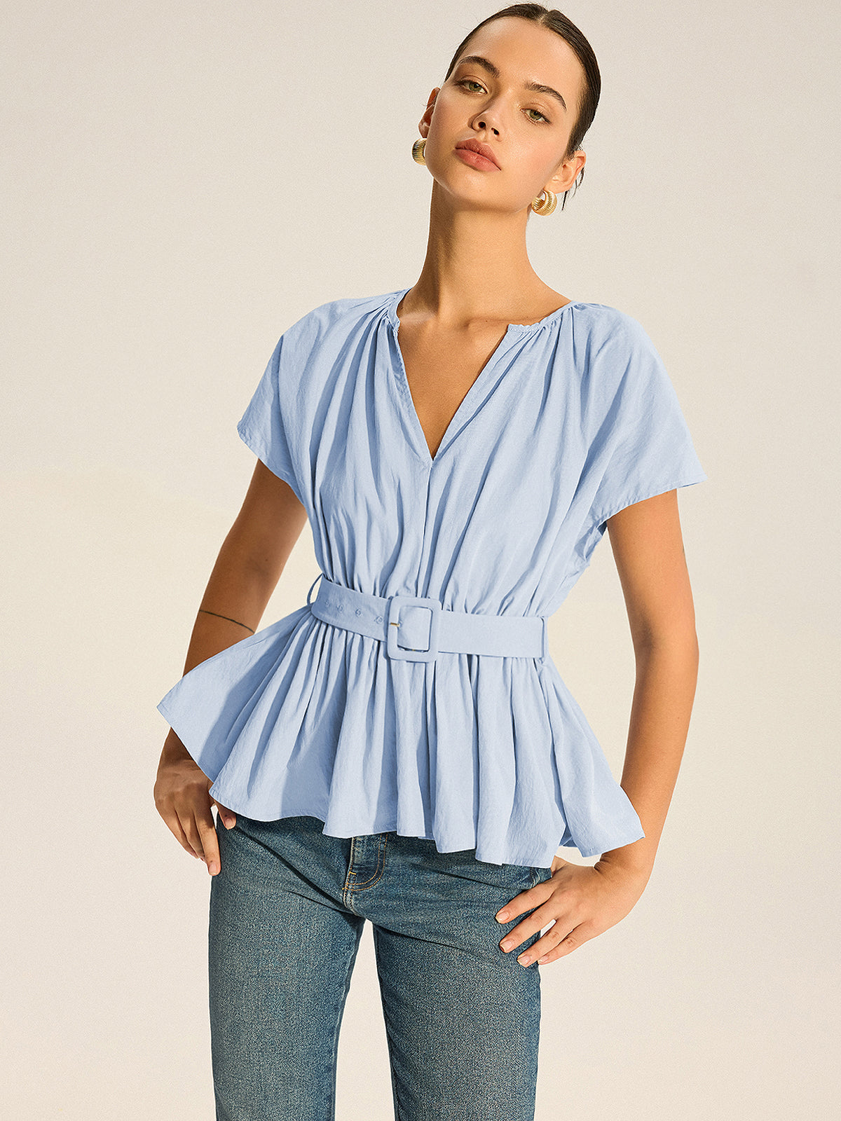 Belted V-Neck Pleated Peplum Top