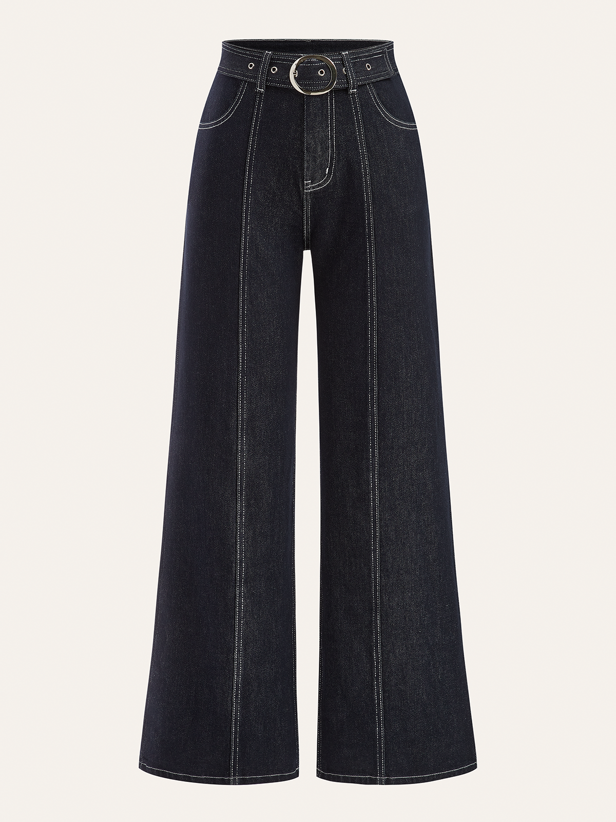 Pantalon en denim à surpiqûres contrastées avec ceinture 