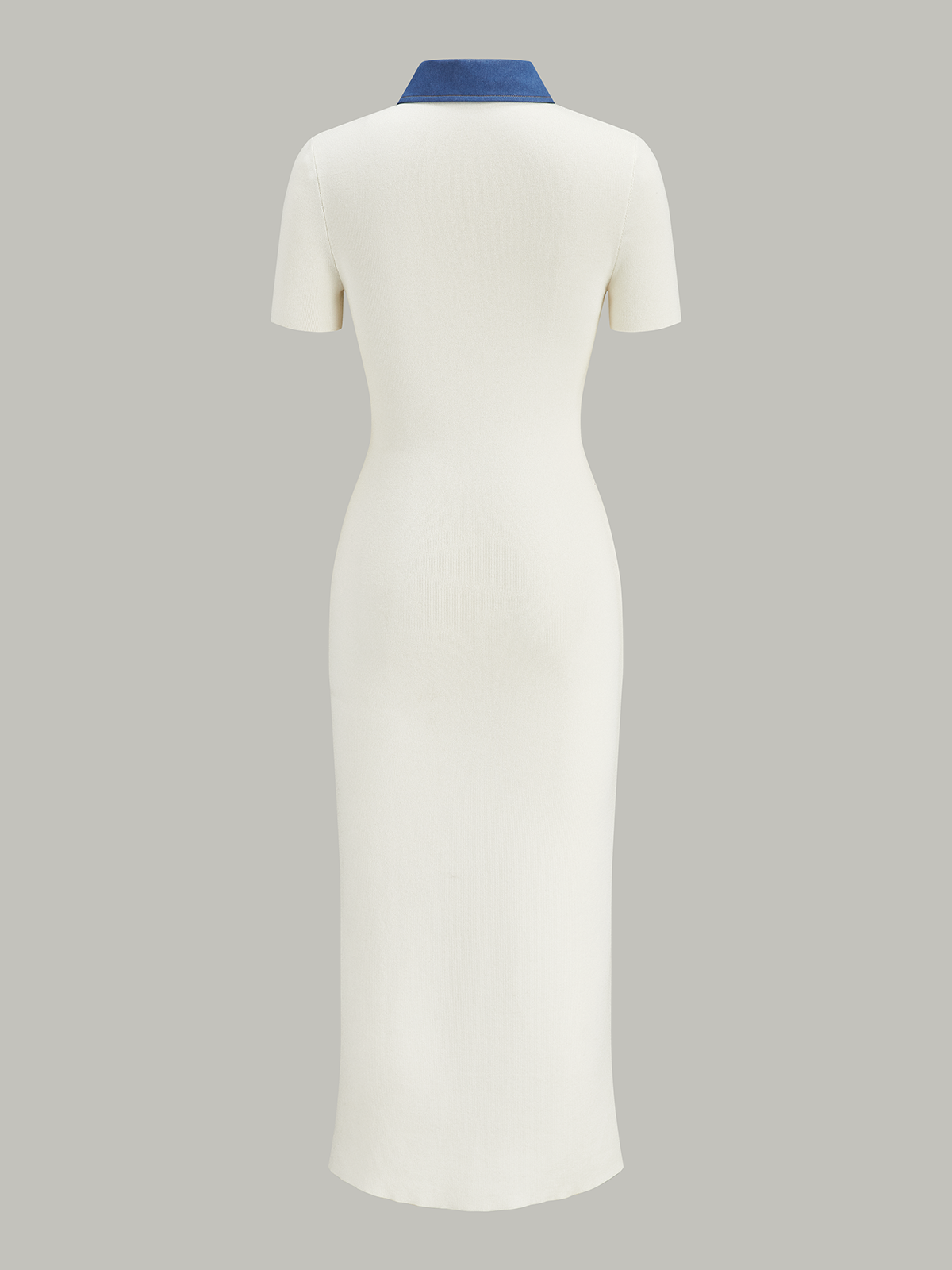 Denim-Collar Buttoned Polo Knit Midi Dress