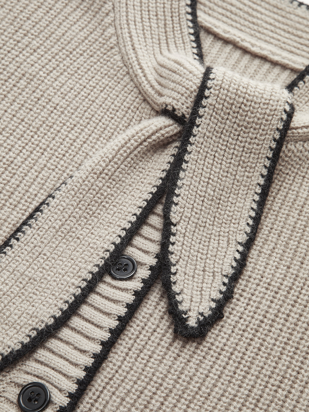 Tie Neck Contrast Trim Wool Blend Cardigan