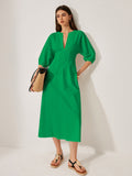 Cotton & Linen Puff Sleeve Dress Without Belt