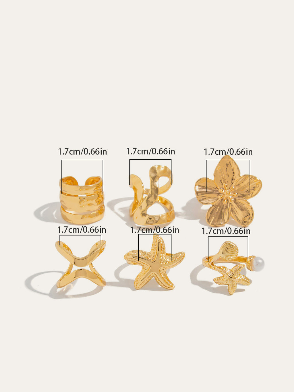 Goldfarbener, unregelmäßiger, vom Meer inspirierter Ring-Set