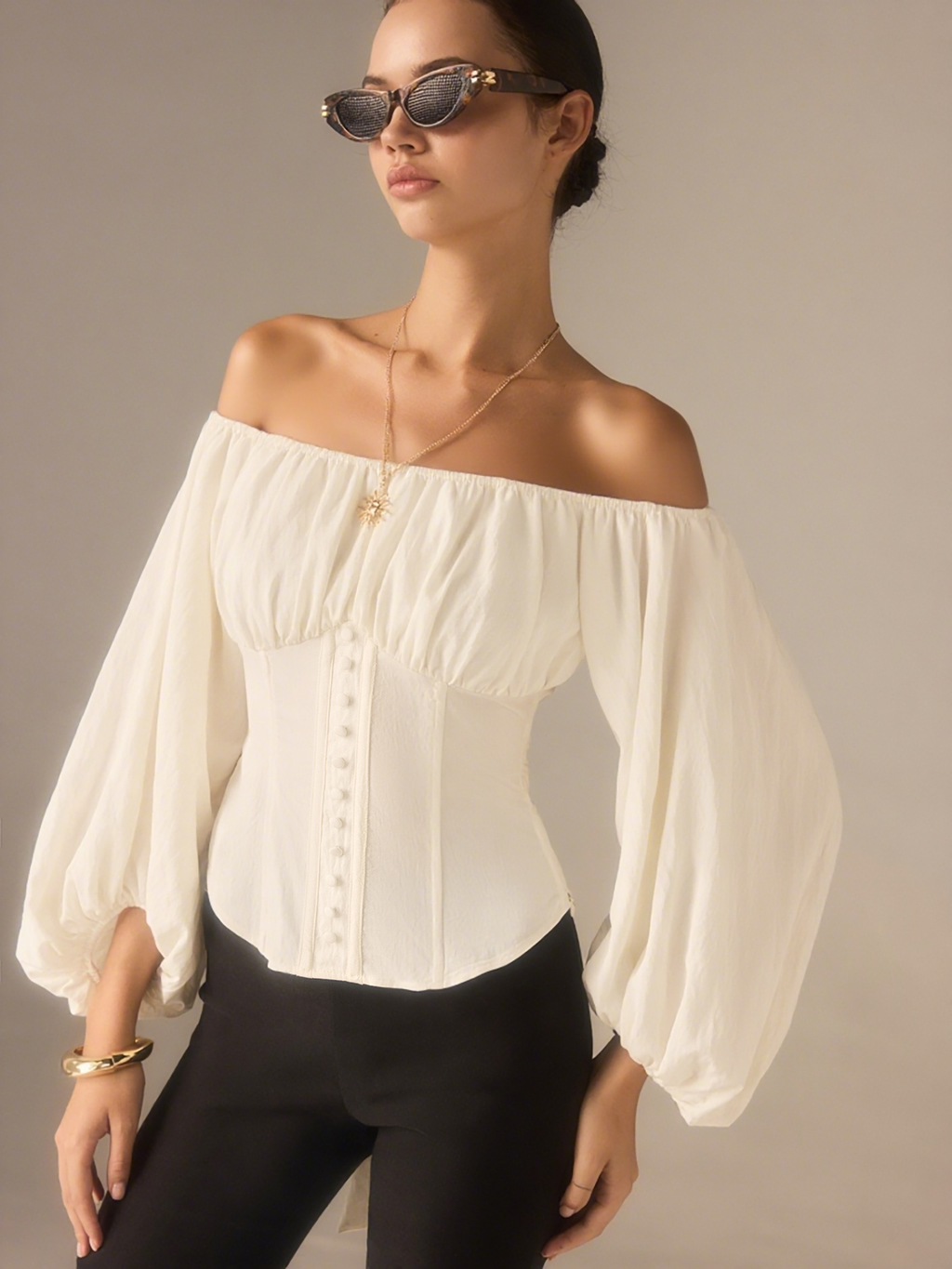 Off-Shoulder Laternenärmel-Top mit Schleifenrücken