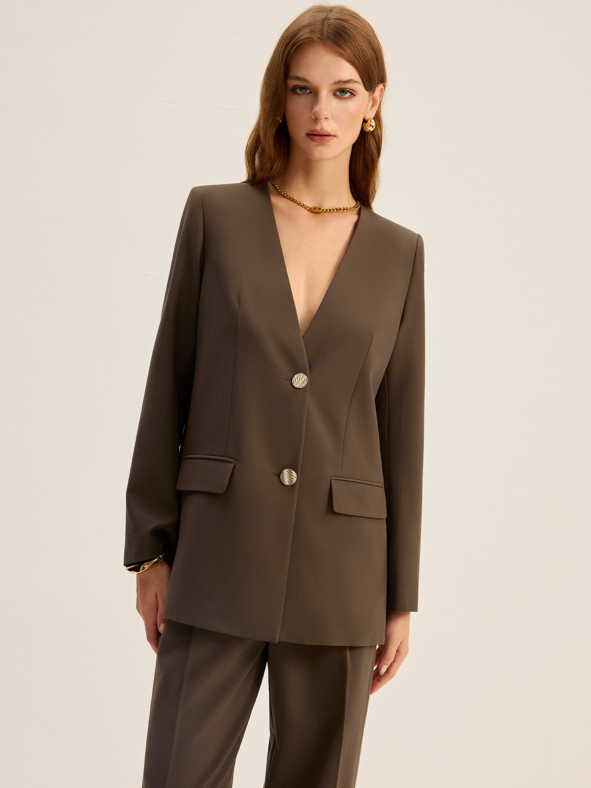 V-Neck Metal Button Blazer