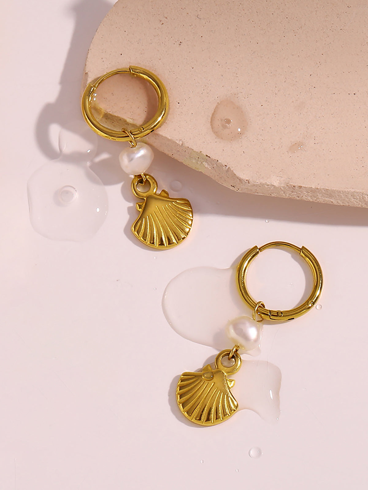 Gold-Plated Hoop Earrings with Pearl and Shell Charms