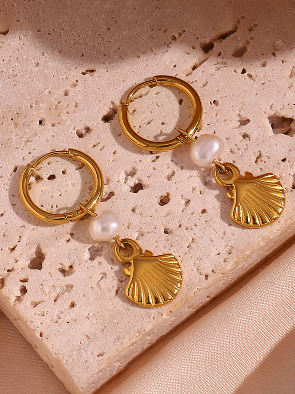 Gold-Plated Hoop Earrings with Pearl and Shell Charms