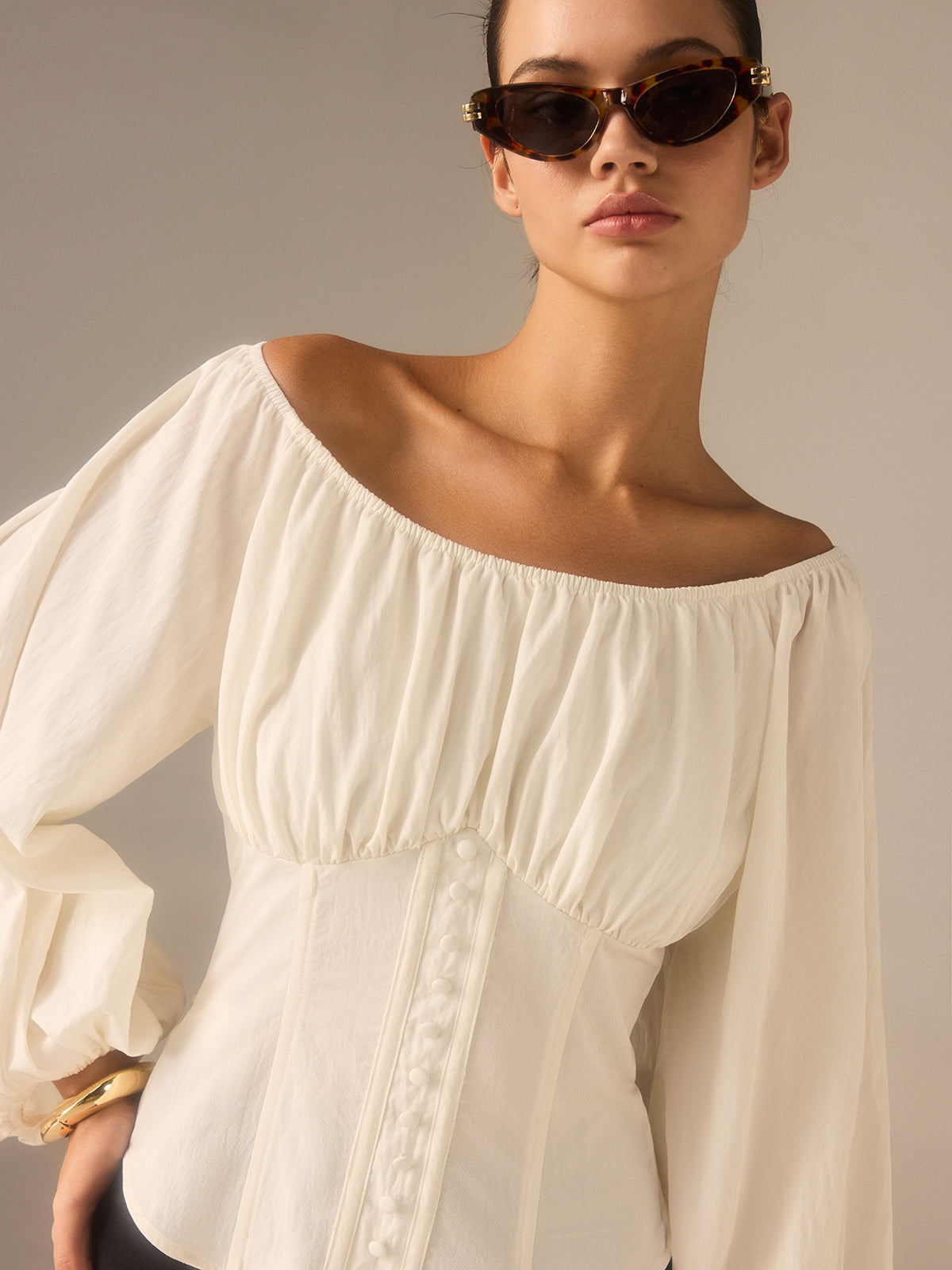 Off-Shoulder Laternenärmel-Top mit Schleifenrücken