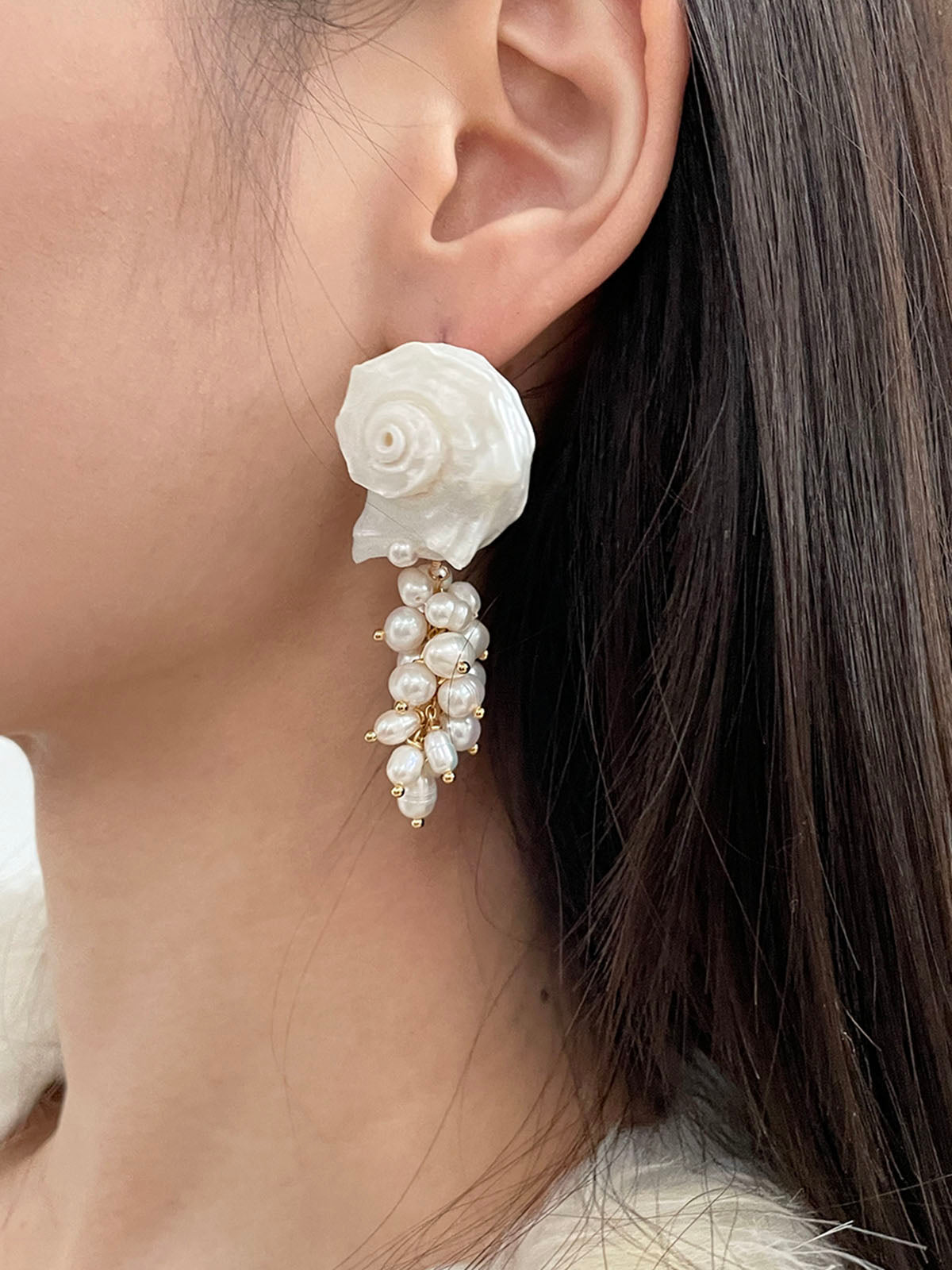 Natural Spiny Shell Earrings with Faux Pearl Pendants