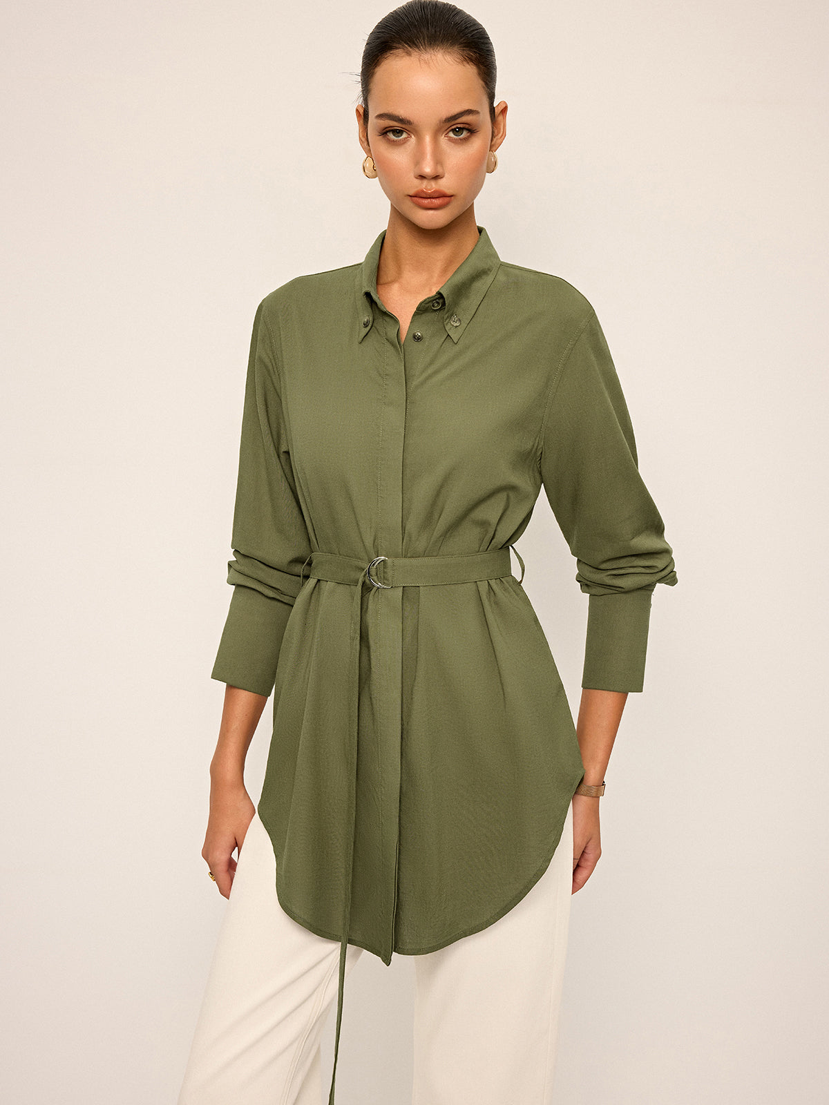 Cotton & Linen Belted Long-Sleeve Shirt