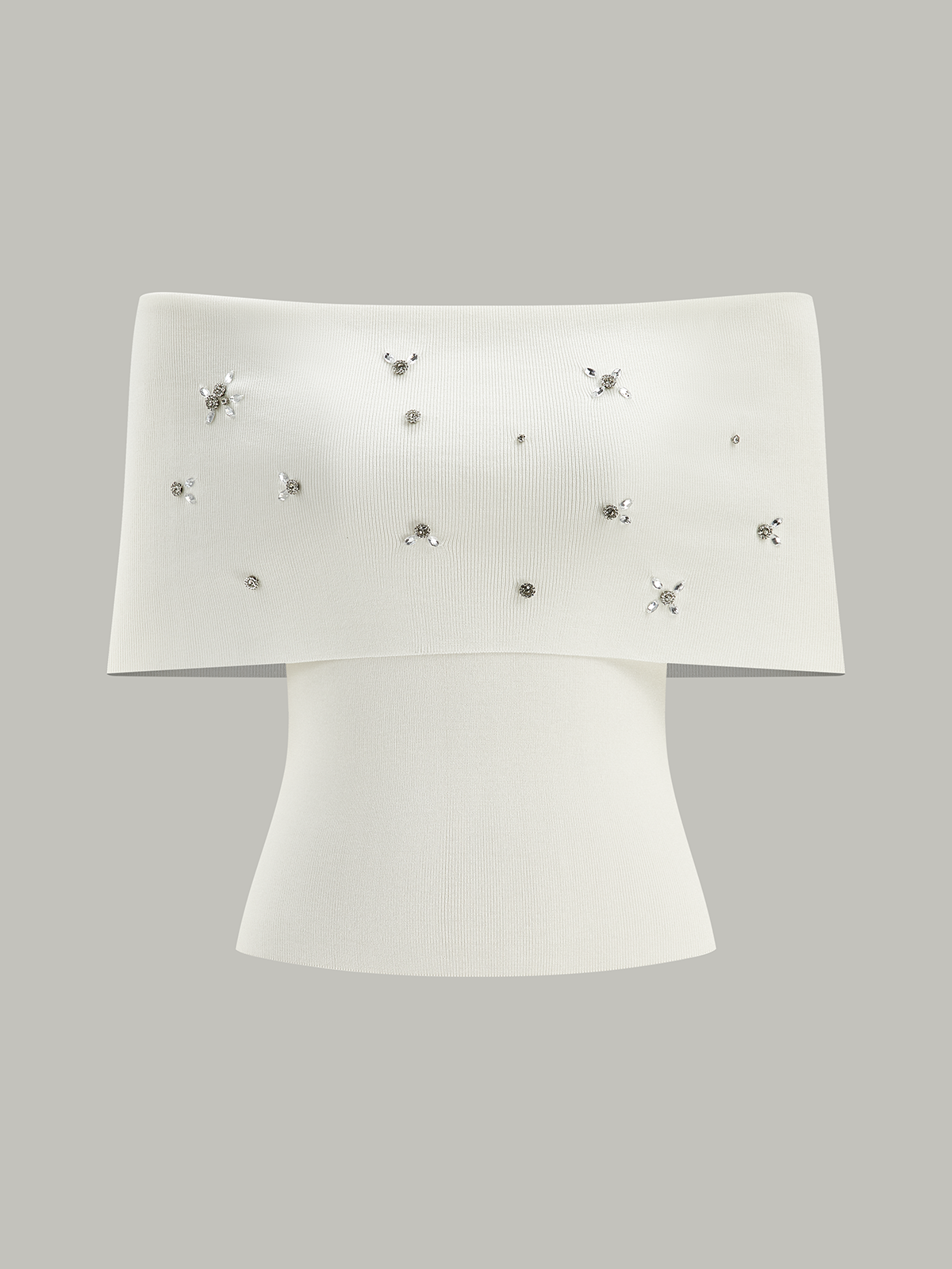 Off-Shoulder Knit Top with Crystal Embellishments