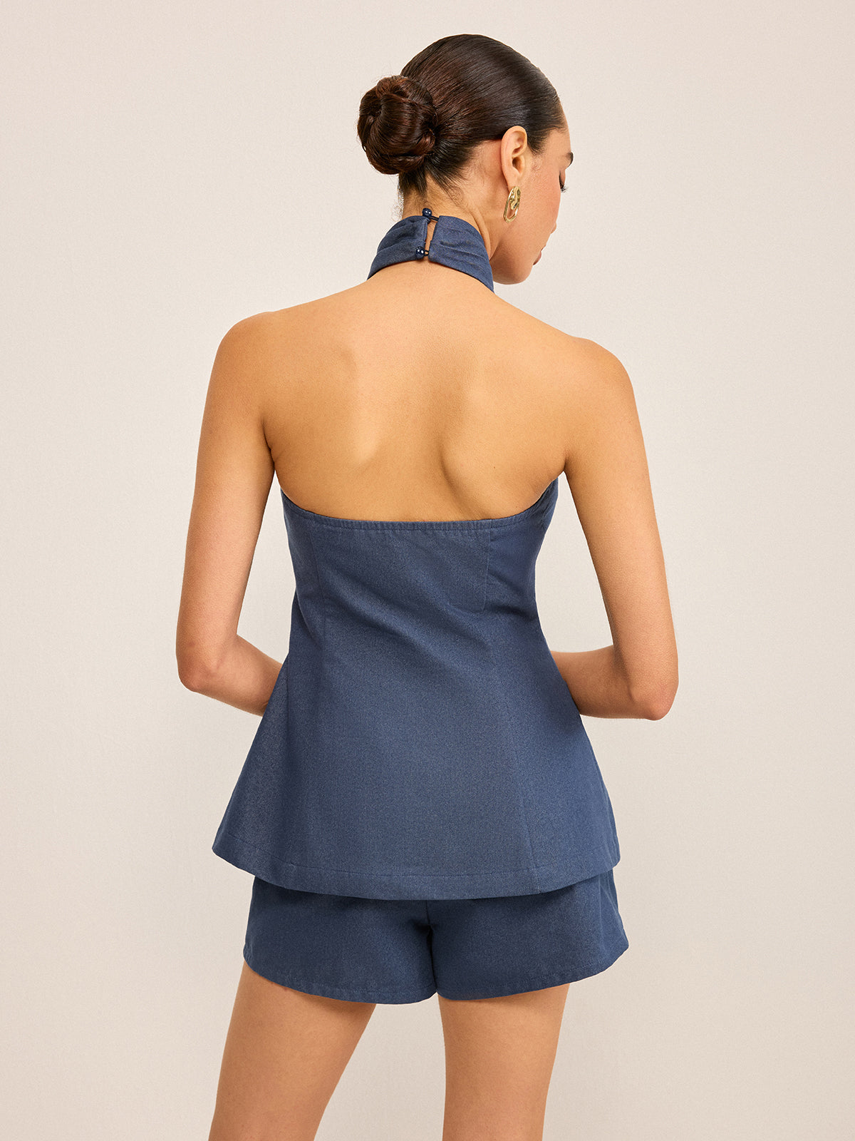 Metal Button Halter Neck Top with Shorts Set