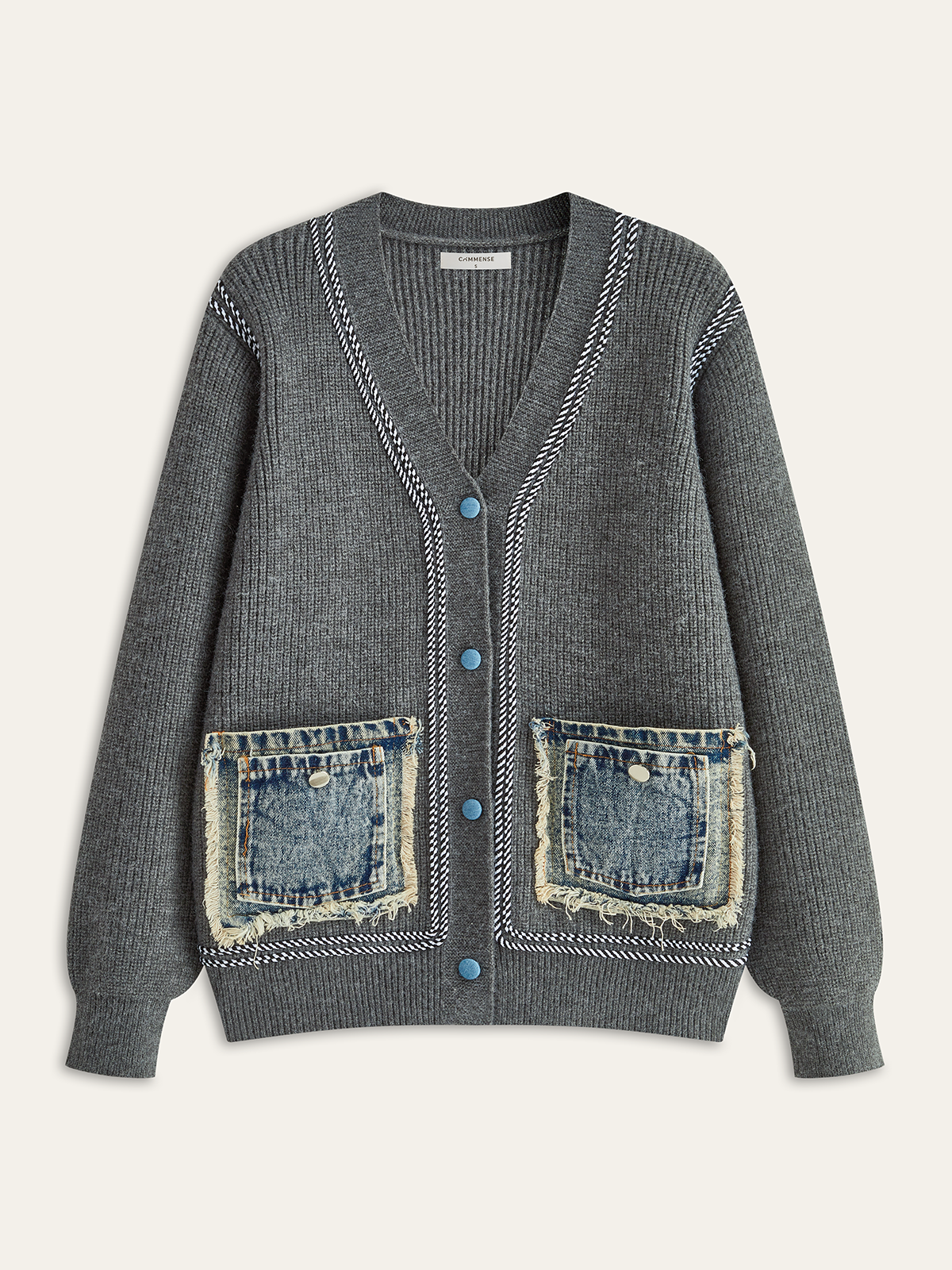 Contrast Trim Denim Panel Cardigan