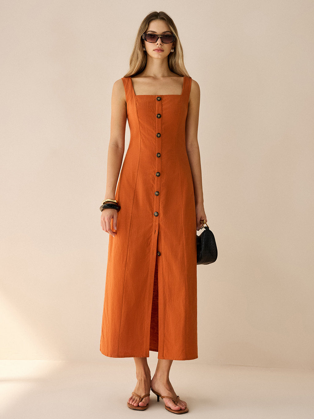Square-Neck Button-Front Maxi Dress with Slit