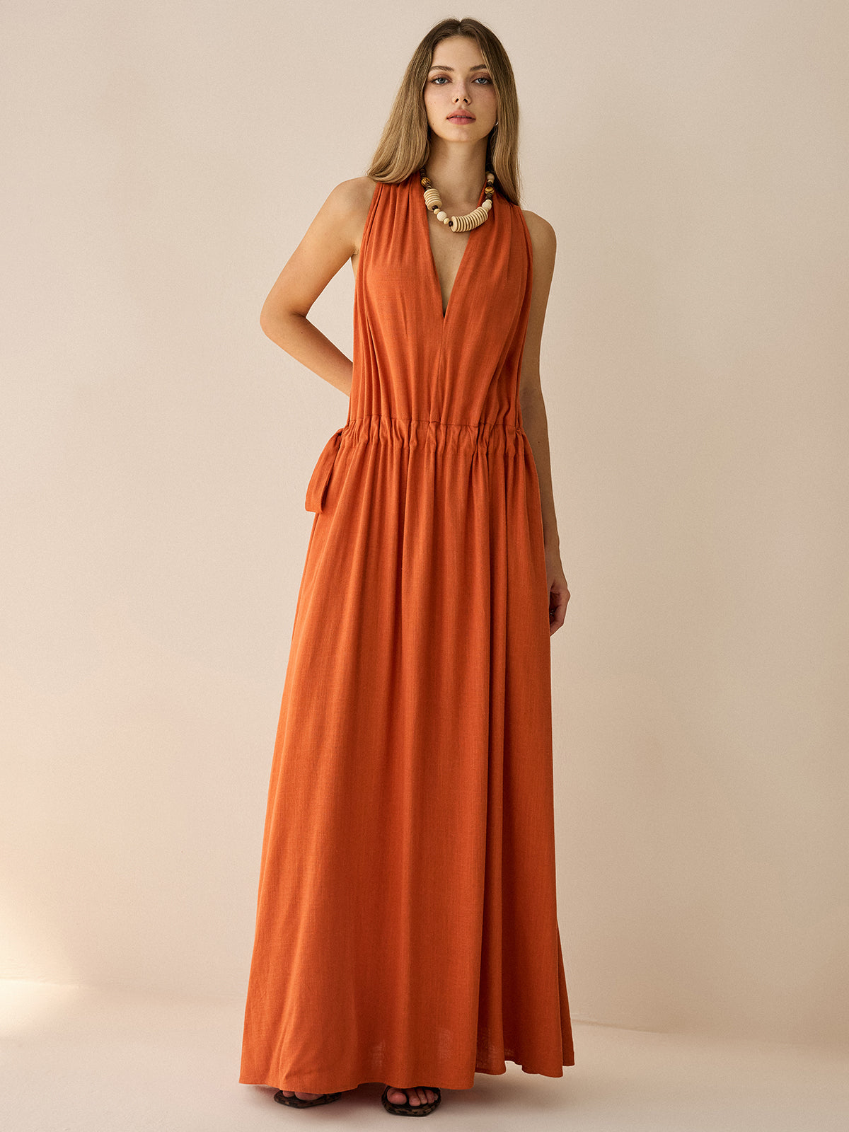 Baumwoll- & Leinen-Neckholder-Maxikleid