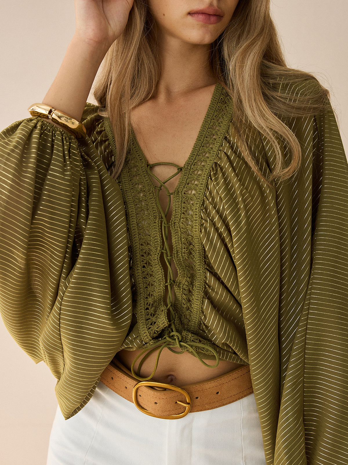 Semi-Sheer Striped Lace-Up Blouse with Batwing Sleeves