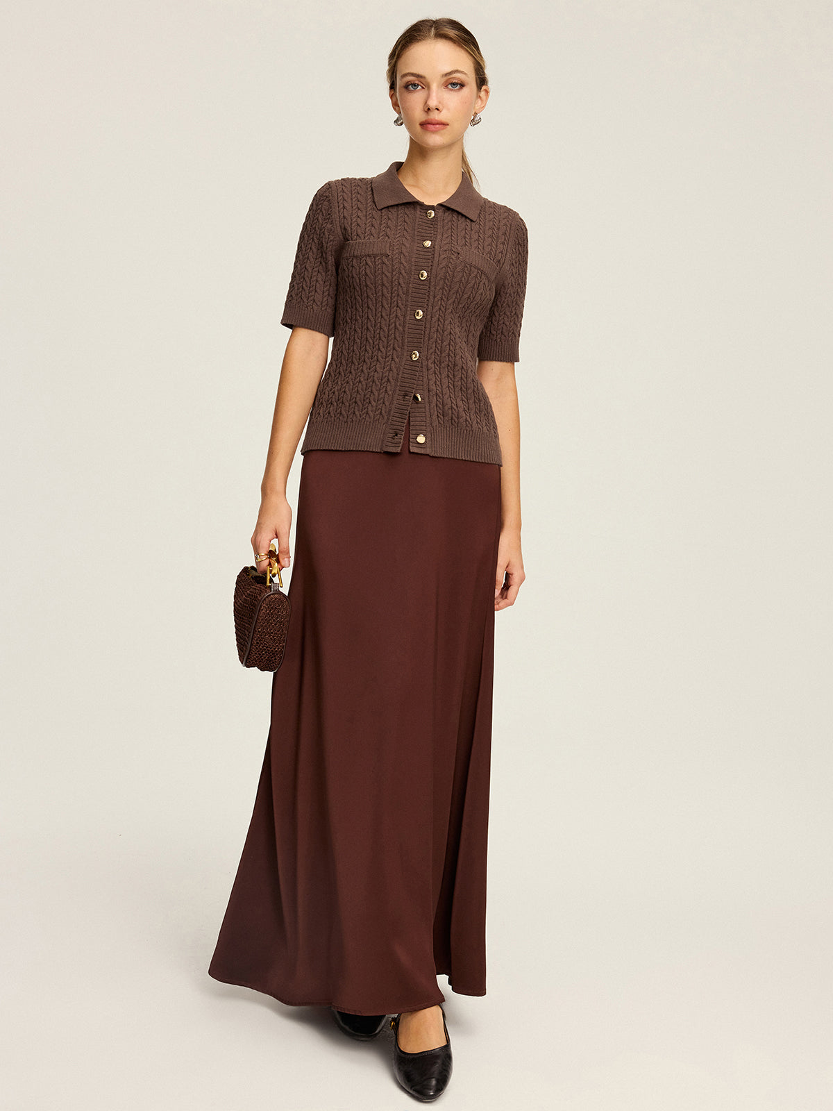 Cable Knit Short-Sleeve Button Top