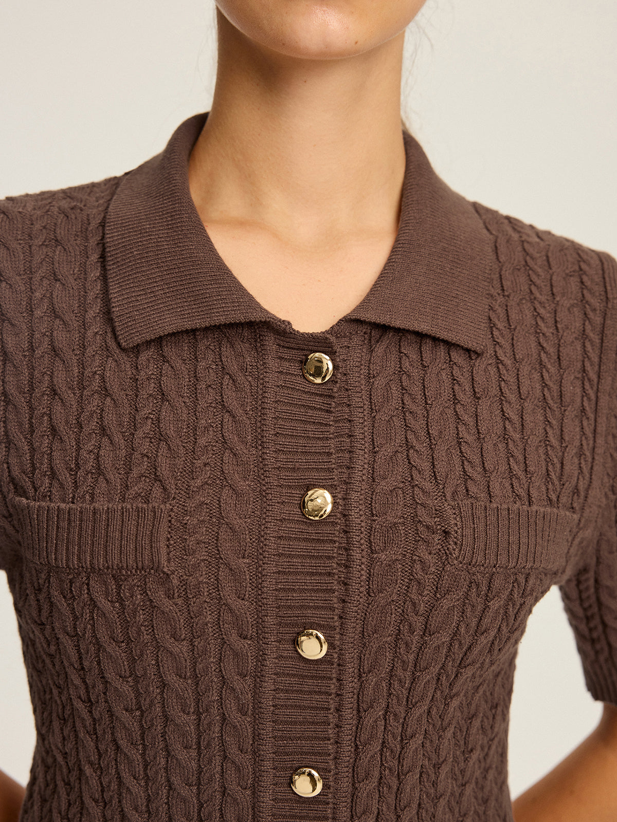 Cable Knit Short-Sleeve Button Top