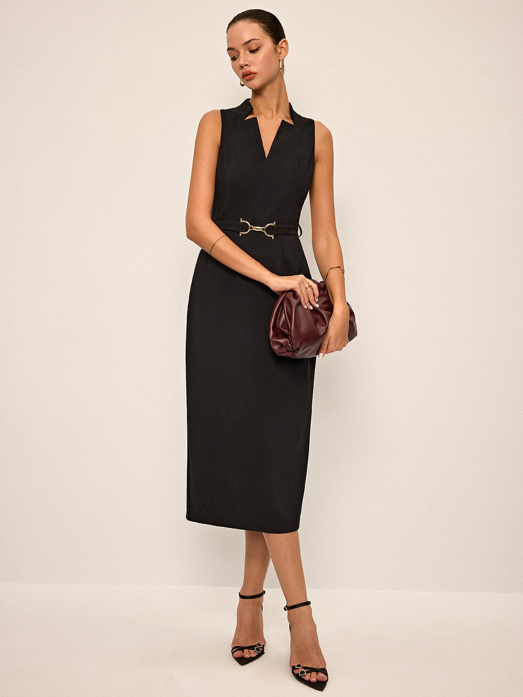 Ärmelloses V-Ausschnitt Midi-Kleid mit Gürtel