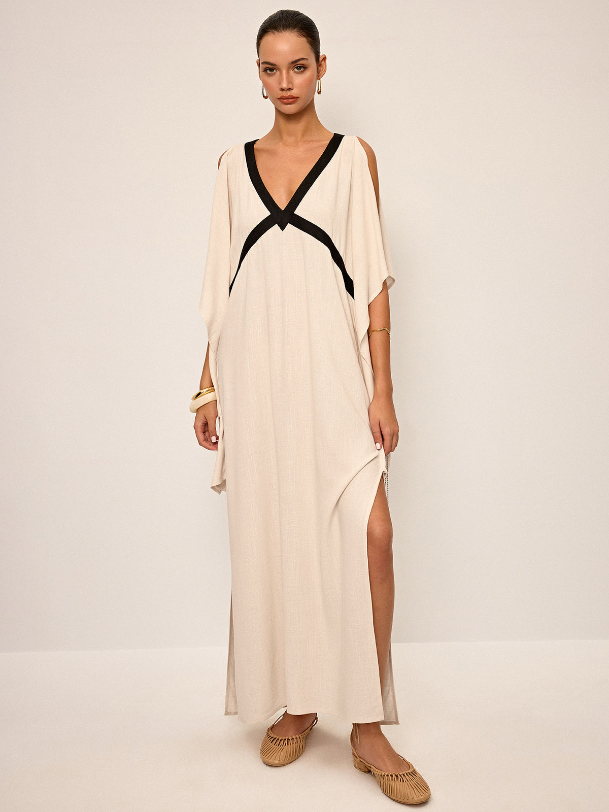 Contrast Trim Maxi Dress with Slit