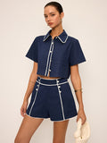 Contrast Piping Crop Shirt and Shorts Set