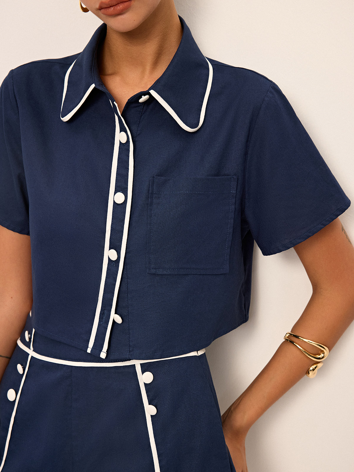 Contrast Piping Crop Shirt and Shorts Set