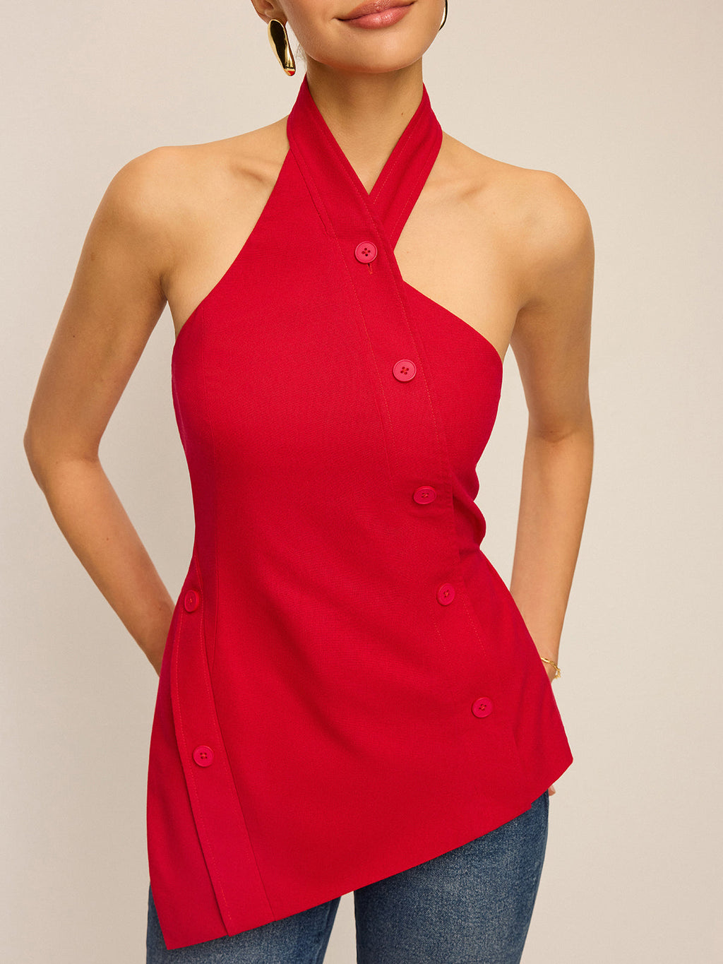 Asymmetrisches Neckholder-Oberteil mit Knöpfen