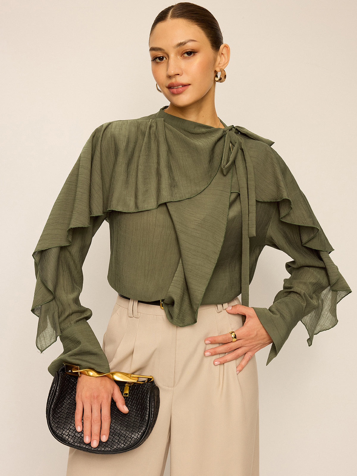 Neckline Tie Ruffled Blouse