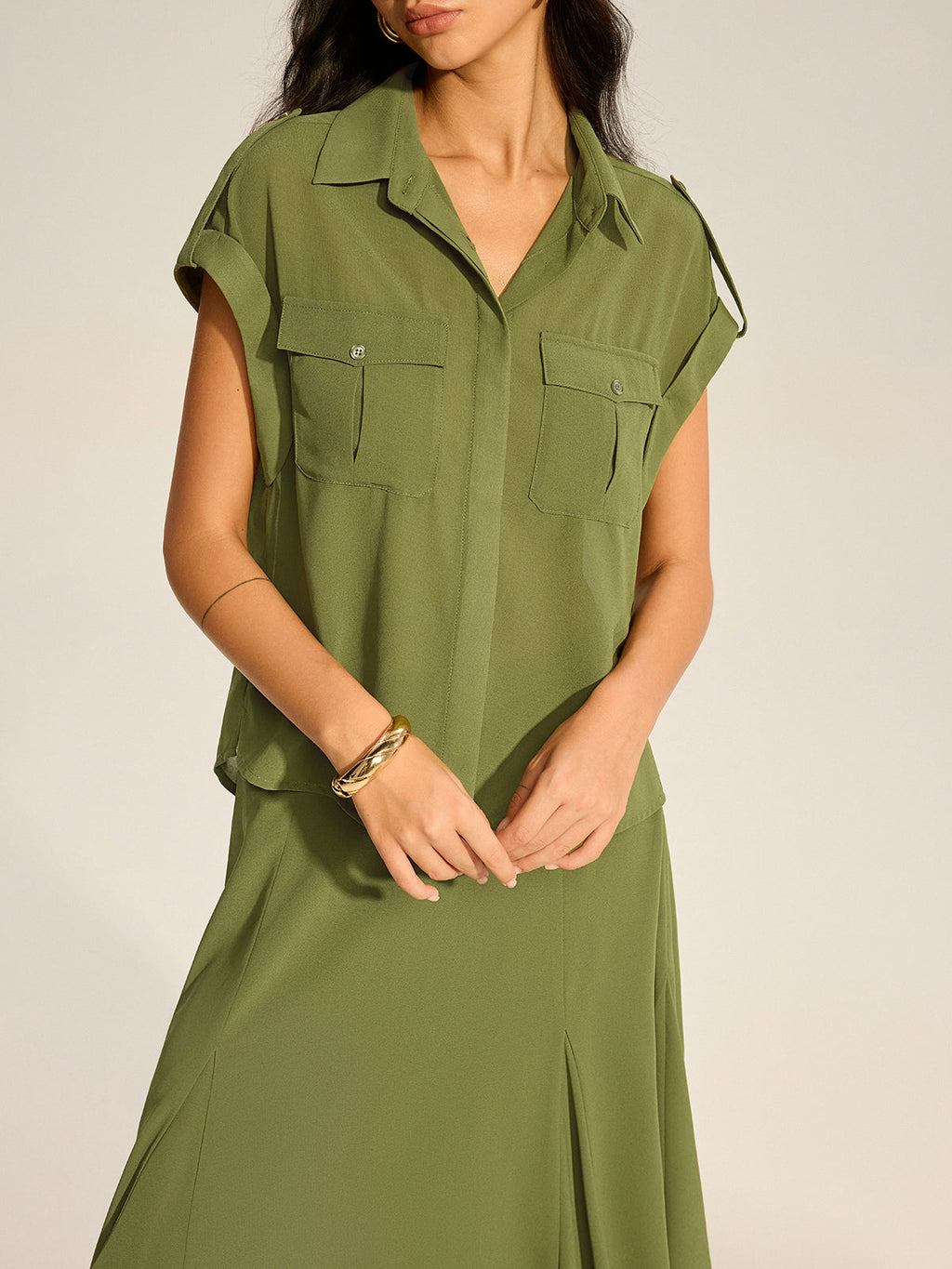 Rolled-Sleeve Pocketed Chiffon Shirt and Midi Skirt Set
