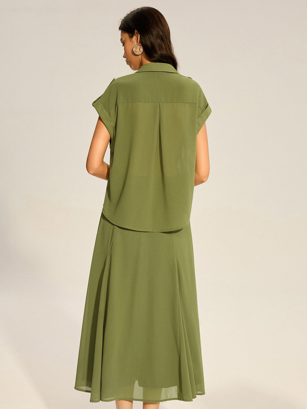 Rolled-Sleeve Pocketed Chiffon Shirt and Midi Skirt Set