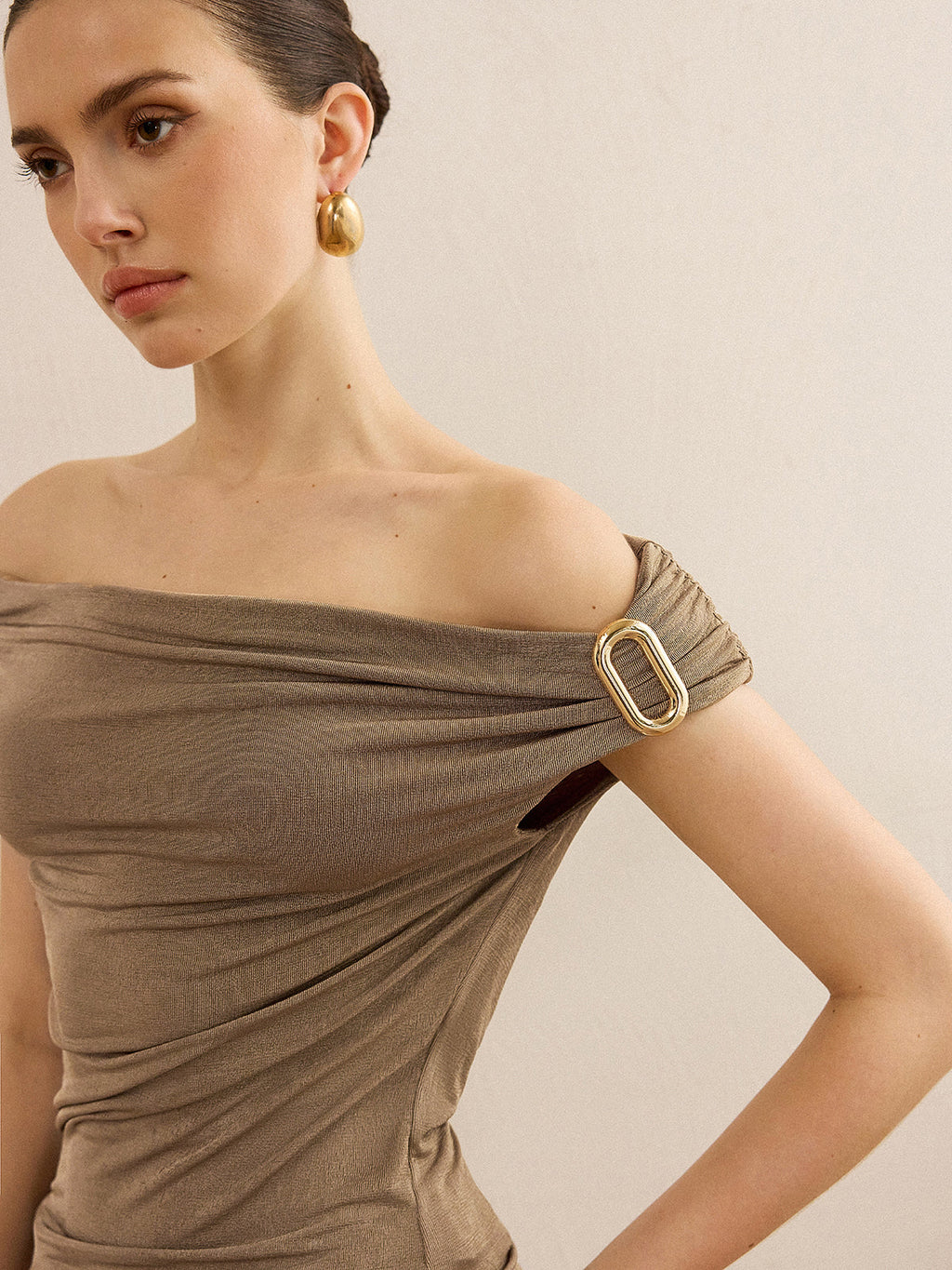 Off-Shoulder Ruched Top with Metal Buckle