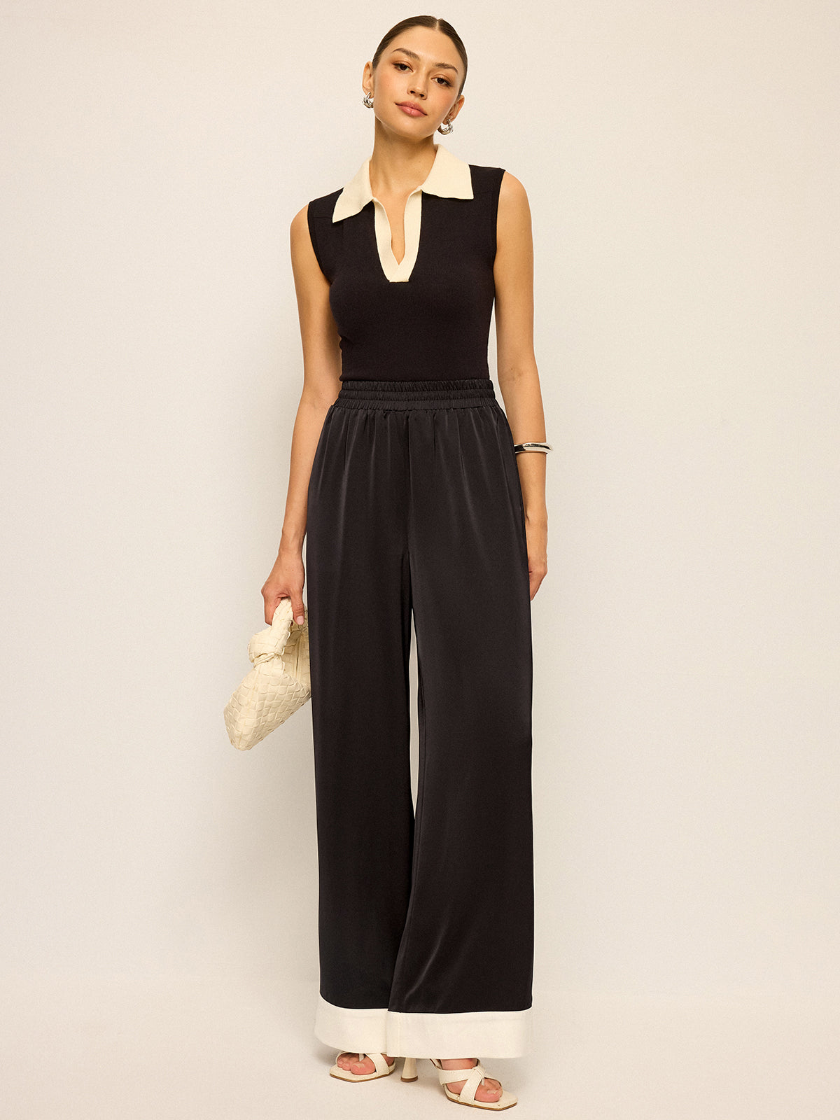 Satin Wide-Leg Pants with Contrast Cuffs