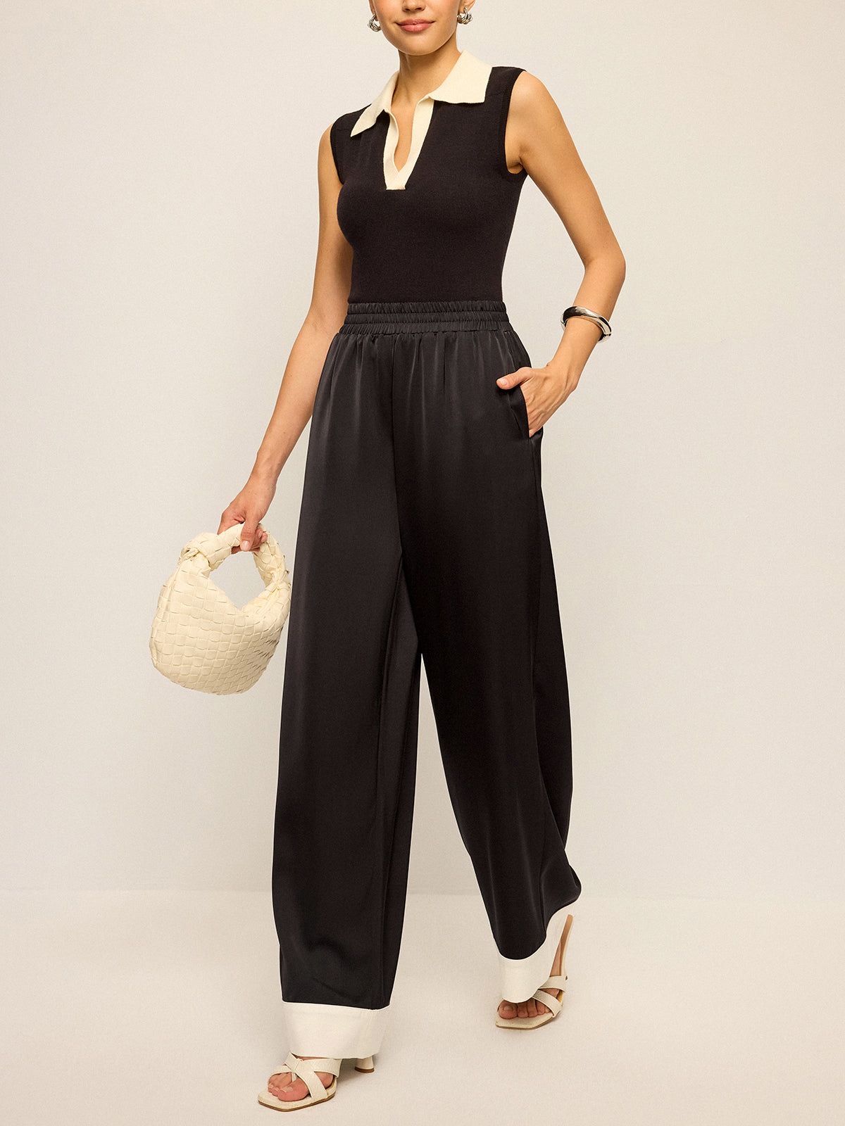 Satinhose mit weitem Bein und Kontrastbündchen