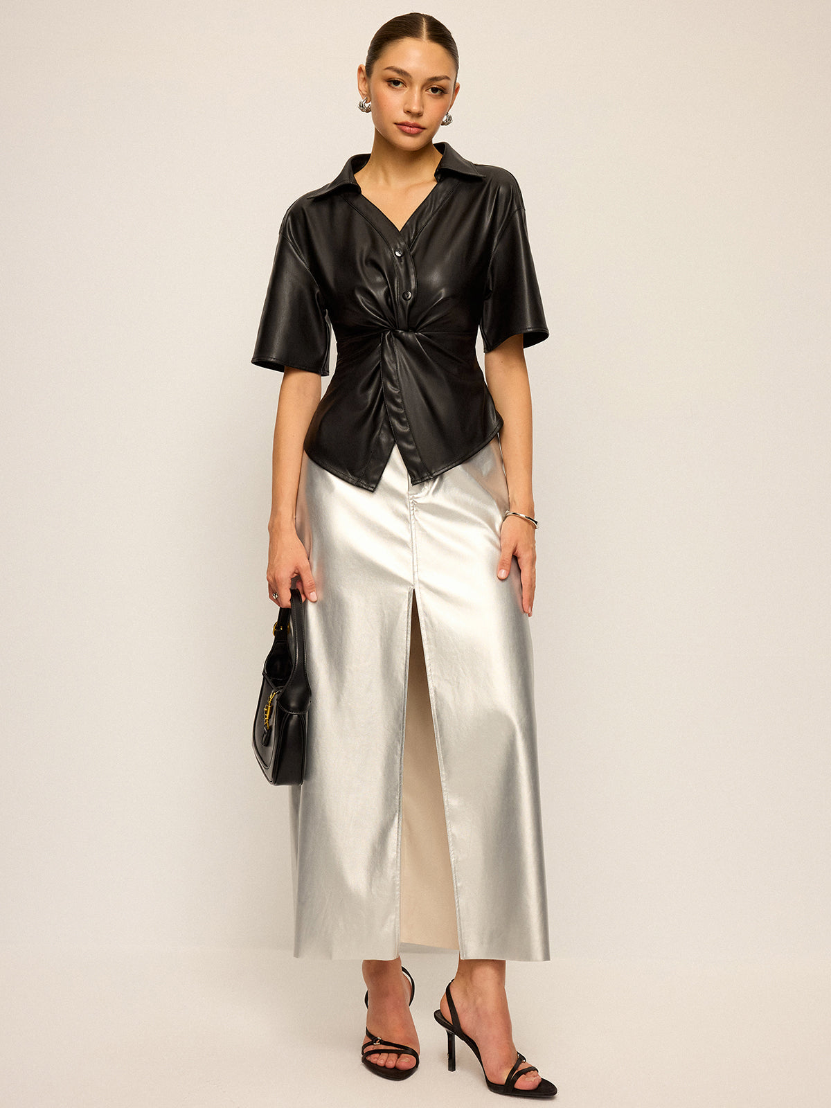 PU Leather Short Sleeve Twisted Blouse