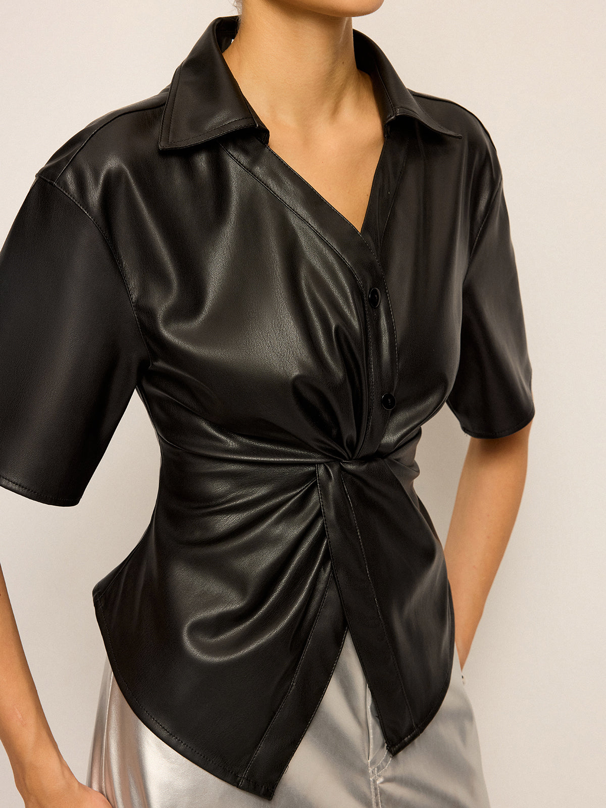 PU Leather Short Sleeve Twisted Blouse