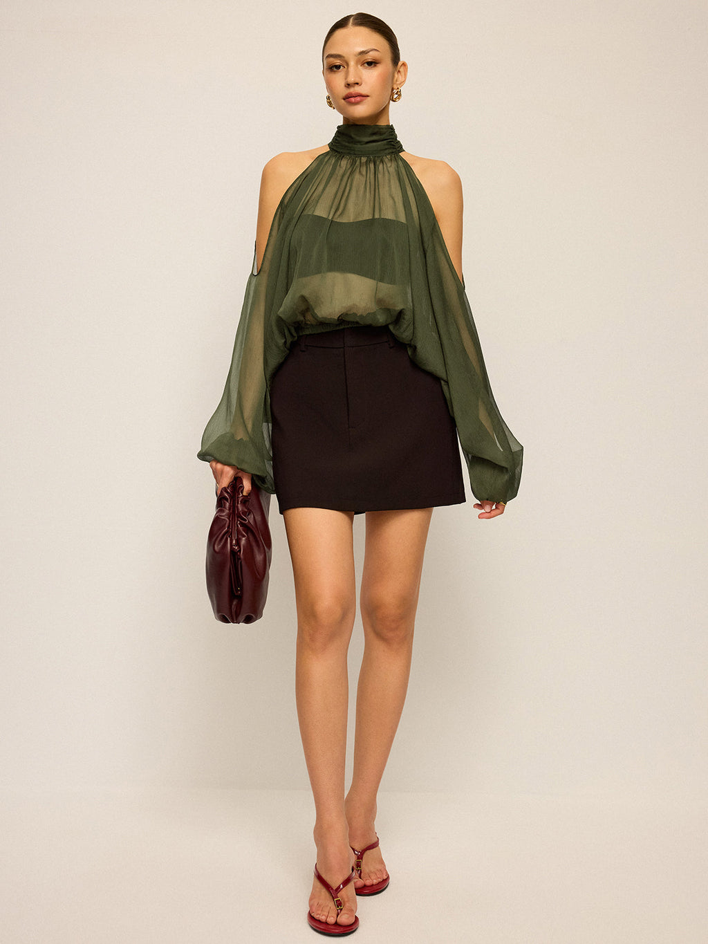 Sheer Halter Neck Cut-Out Sleeve Top with Bow Back