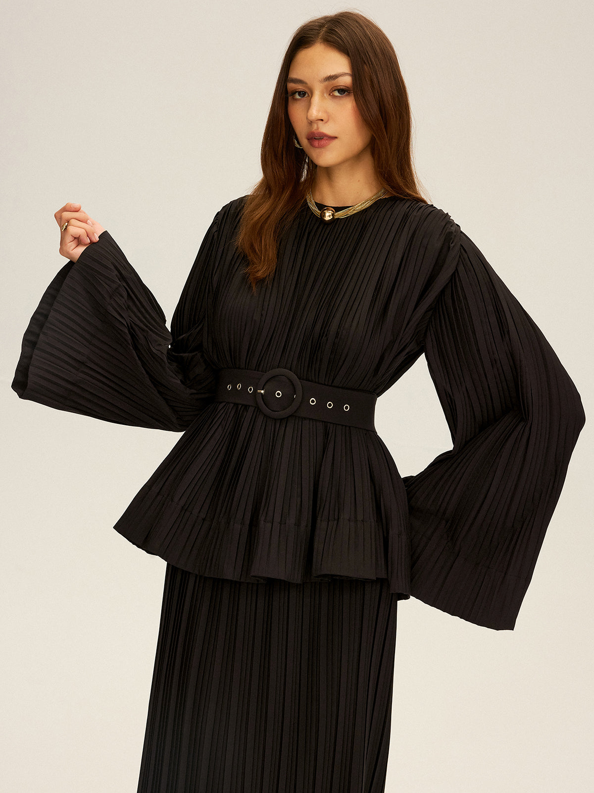 Pleated Bell Sleeve Belted Peplum Blouse