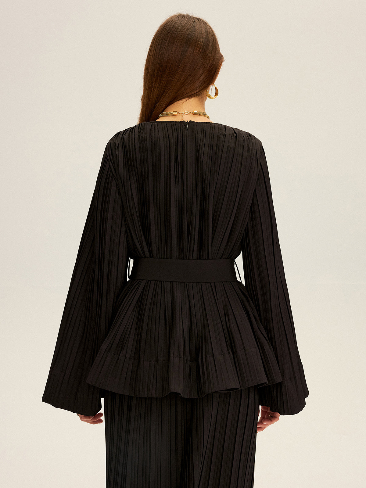 Pleated Bell Sleeve Belted Peplum Blouse